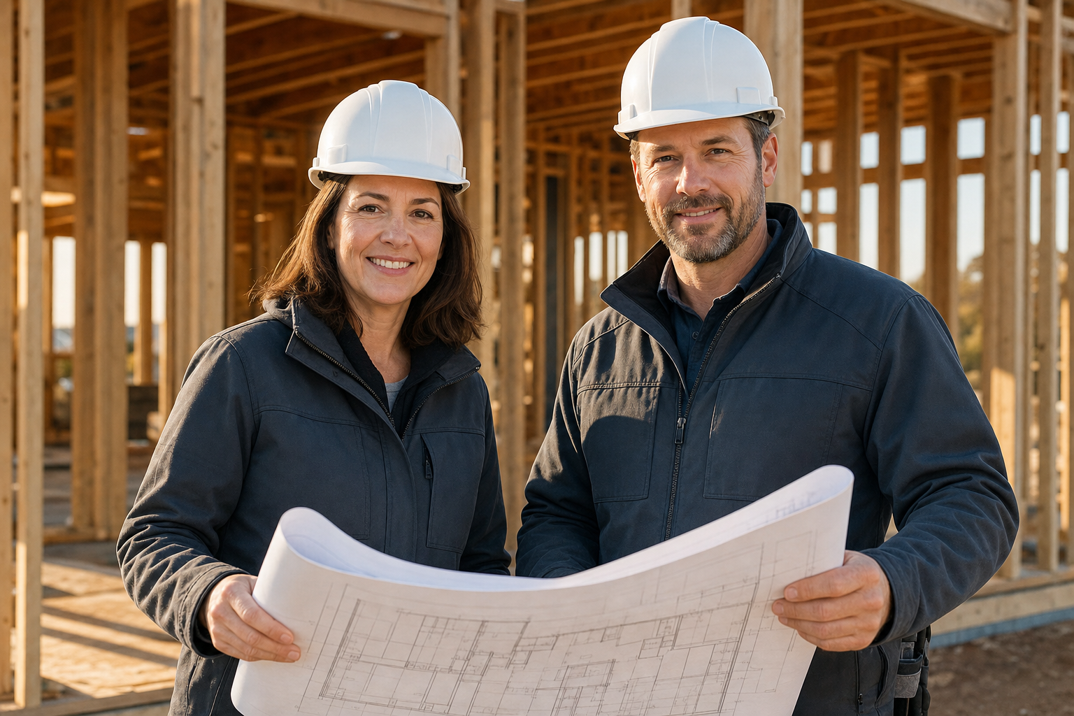 Elizabeth and Edward standing together on a residential construction site holding architectural plans